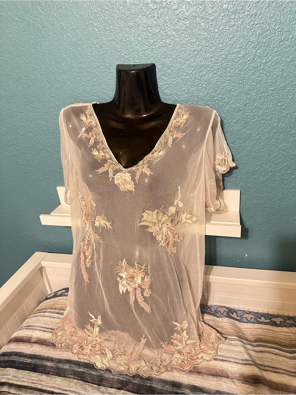 White House Black Market Sheer Blush Floral Embroidered V-Neck Chemise